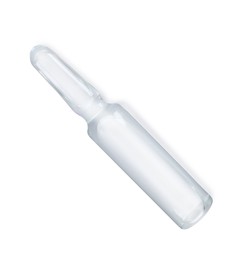 Glass ampoule with pharmaceutical product on white background, top view