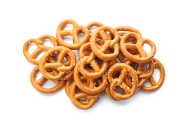 Delicious crispy pretzel crackers isolated on white, top view