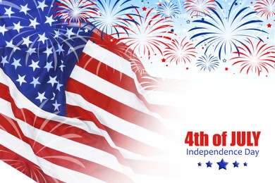 4th of july - Independence Day of USA. American national flag and fireworks on white background 