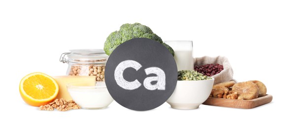 Set of natural food high in calcium on white background