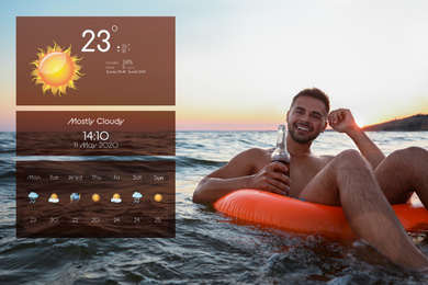 Happy young man with drink on inflatable ring in water and weather forecast widget. Mobile application