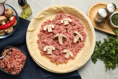 Photo of Flat lay composition with raw dough and ingredients on light grey table. Baking meat pie