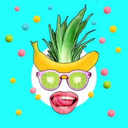 Funny face with citrus sunglasses on colorful background. Summer party concept. Stylish creative collage design