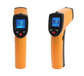Infrared thermometers on white background, collage. Checking temperature during Covid-19 pandemic