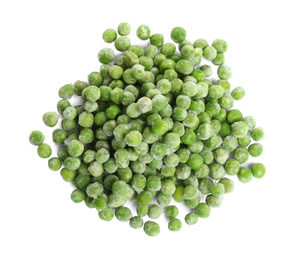 Pile of frozen peas isolated on white, top view. Vegetable preservation