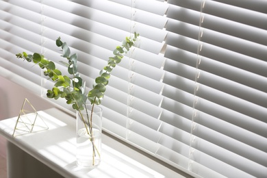 Vase with fresh eucalyptus branches on window sill in room. Interior design