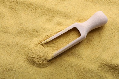 Photo of Wooden spoon of granulated brewer`s yeast on powder, top view