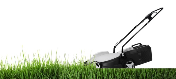 Modern garden lawn mower cutting green grass, white background. Banner design