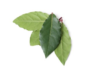 Photo of Fresh bay leaves isolated on white, top view