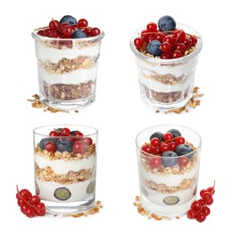 Delicious yogurt parfait with fresh berries on white background, collage