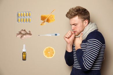 SIck man surrounded by different drugs and products for illness treatment on beige background