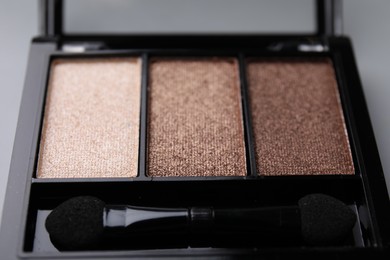 Photo of Beautiful eyeshadow palette and applicator as background, closeup. Professional cosmetic product