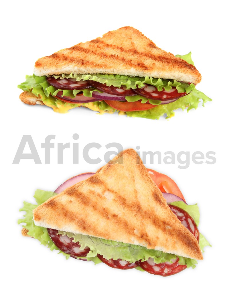Image of Delicious sandwiches with salami on white background, collage