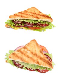 Image of Delicious sandwiches with salami on white background, collage