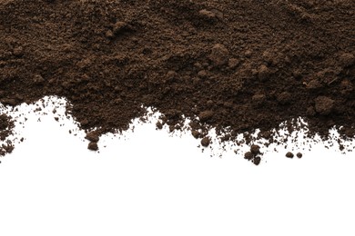 Photo of Pile of soil on white background, top view