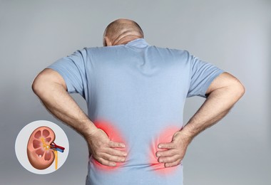 Image of Senior man suffering from pain because of kidney stones disease on grey background