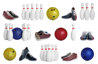 Set of bowling balls, pins and shoes on white background