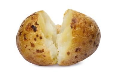 Tasty pieces of baked potato on white background