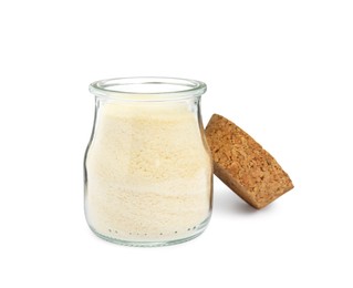Glass jar with gelatin powder and cork on white background