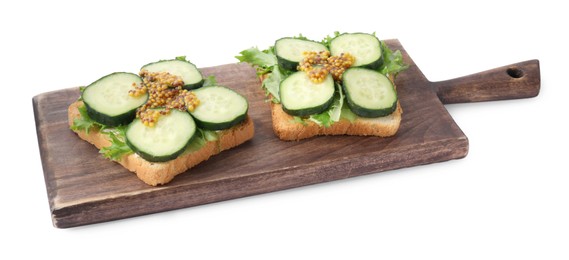 Tasty cucumber sandwiches with arugula and mustard on white background