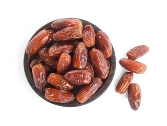 Tasty sweet dried dates on white background, top view