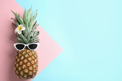 Top view of pineapple with sunglasses and flower on color background, space for text. Creative concept