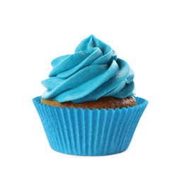 Photo of Delicious birthday cupcake decorated with blue cream isolated on white