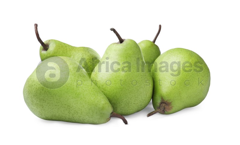 Photo of Heap of fresh ripe pears on white background