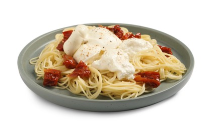 Delicious spaghetti with burrata cheese and sun dried tomatoes isolated on white