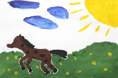 Child's painting of horse in field on white paper