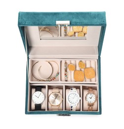 Elegant jewelry box with beautiful bijouterie and expensive wristwatches isolated on white, top view