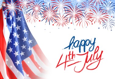 4th of july - Independence Day of USA. American national flag and fireworks on white background