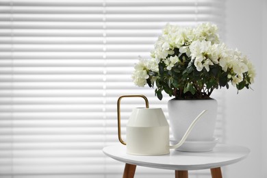 Photo of Beautiful azalea plant in flower pot and watering can on white table indoors, space for text