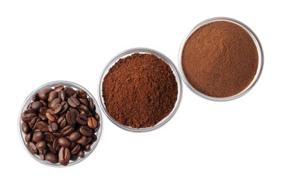 Photo of Bowls with different types of coffee on white background, top view