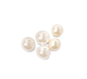 Many beautiful oyster pearls on white background, to view