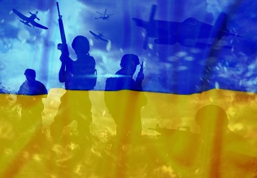 Silhouettes of soldiers and Ukrainian national flag, double exposure