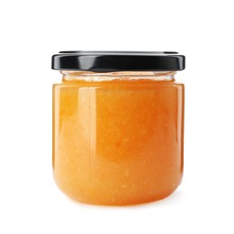 Delicious orange marmalade in jar on white background