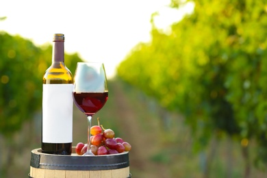 Photo of Composition with wine and ripe grapes on barrel at vineyard