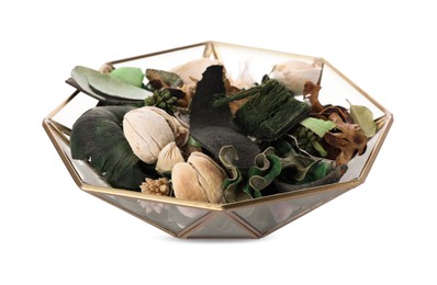 Photo of Polygonal bowl with scented potpourri isolated on white