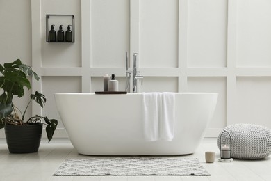 Modern ceramic bathtub and green plant near white wall indoors