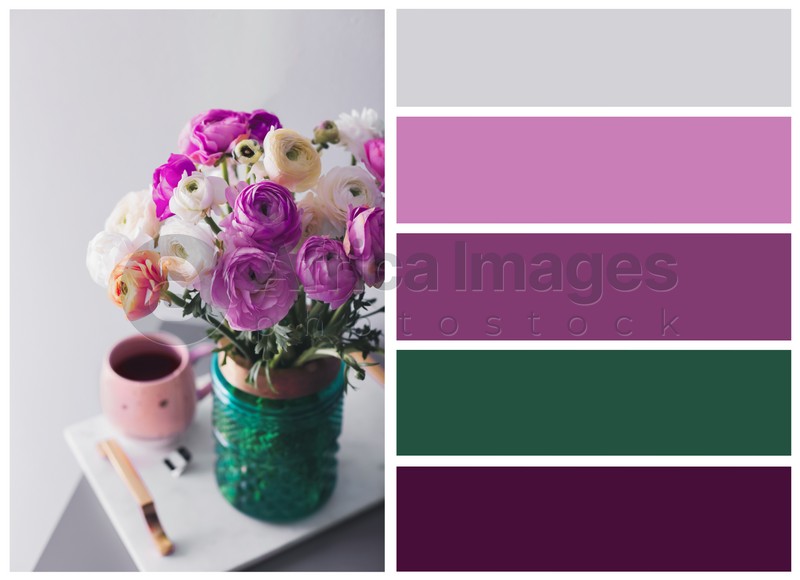 Color palette appropriate to photo of beautiful ranunculuses on table in room