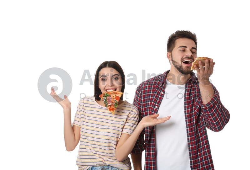 Photo of Happy couple with pizza isolated on white