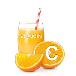 Source of Vitamin C. Glass of orange juice and fresh fruits on white background