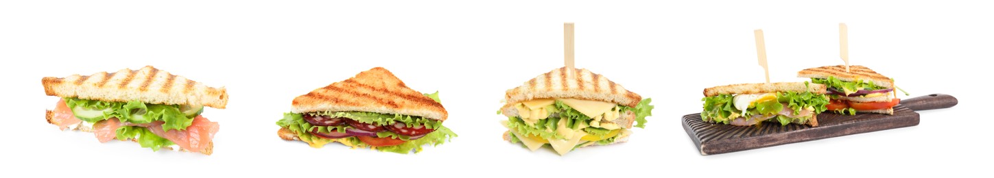 Image of Set with different delicious sandwiches on white background. Banner design