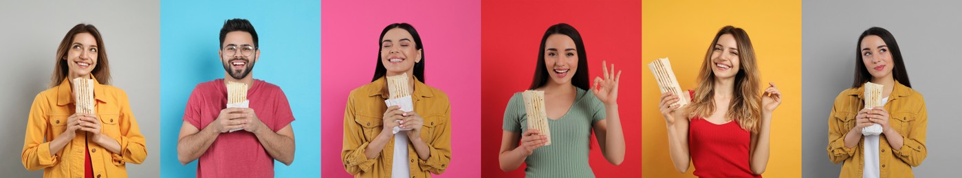 Image of Collage with photos of happy people with tasty shawarmas on different color backgrounds. Banner design