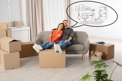 Image of Moving to new house. Happy couple imagining living room arrangement. Illustrated interior design in speech balloon 