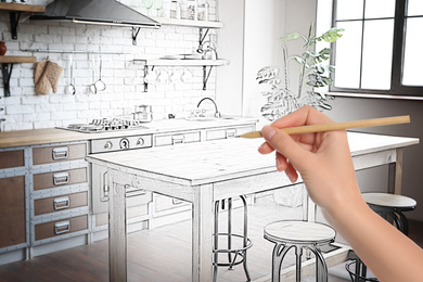 Woman drawing kitchen interior design. Combination of photo and sketch