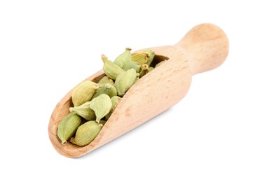 Wooden scoop with dry cardamom pods isolated on white