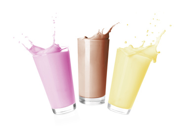 Image of Delicious healthy protein shakes on white background