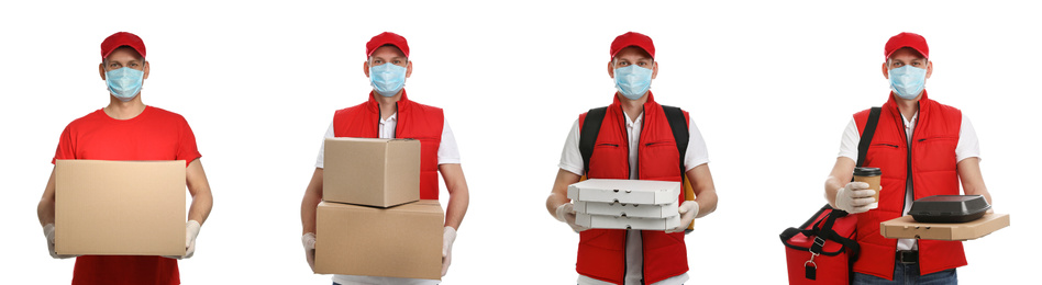 Collage with photos of courier in protective mask holding orders and boxes on white background, banner design. Delivery service during coronavirus quarantine